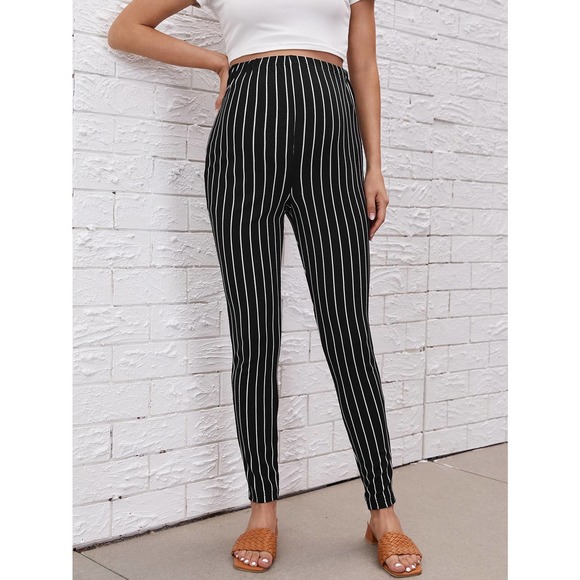 Maternity Vertical Striped Adjustable Elastic Waist Leggings - Picture 3 of 6
